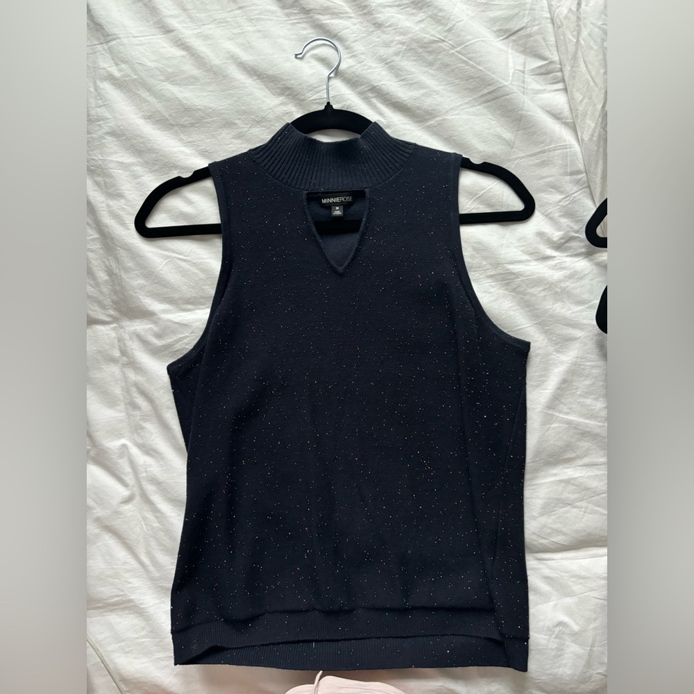 Navy high-neck top w/ cutout and confetti specks